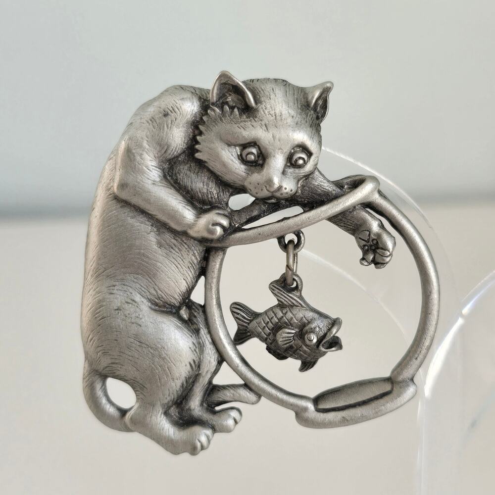 J Jonet Vintage Brooch Women's Pewter Silver Cat Fish Bowl Cat Lover Signed